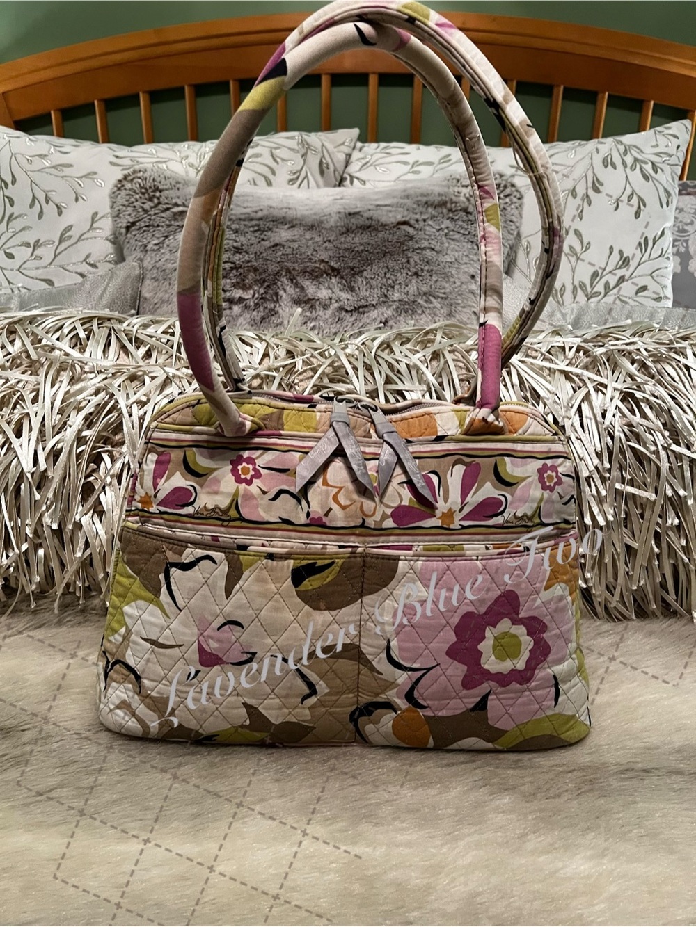 VERA BRADLEY Portobello Road 2012 Bowler Bag 2 Handles Zip Lavender Y2K Green